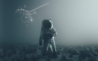 Astronaut Alone Fog Exploration Moon Surface Spacecraft